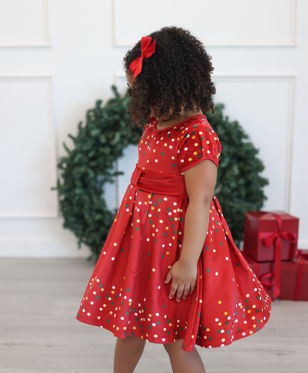 Millie Loves Lily Girls' Red Holiday Dot Velour Dress With Bow Waistband