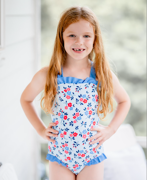 Pale Blue Americana Flower Ruffle-Accent Strap One-Piece