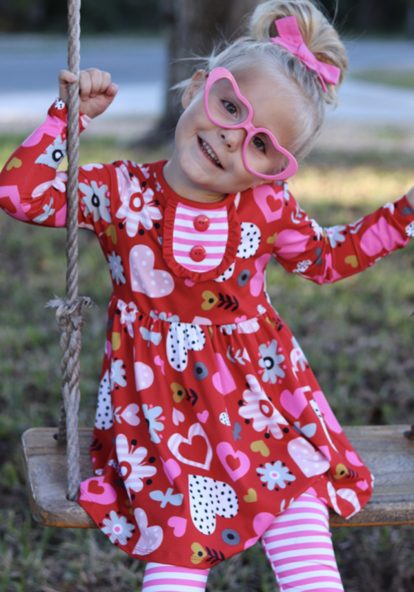 Millie Loves Lily Girls Red Hearts and Flowers Long Sleeve Dress And Legging Set, 2-PCS