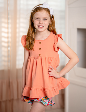 Millie Loves Lily Girls Coral Top & New Beginnings Floral Ruffle Short Set