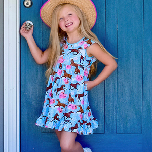 Aqua Horses & Poppies Angel - Sleeve Dress - Millieloveslily.com