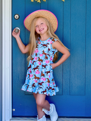 Aqua Horses & Poppies Angel - Sleeve Dress - Millieloveslily.com