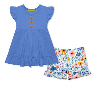 Blue Angel - Sleeve Top & blue  Floral Ruffle Shorts Set,  on a white background, front