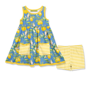 Blue Lemon Drop Sleeveless Pocket A - Line Dress & Stripe Shorts - Millieloveslily.com