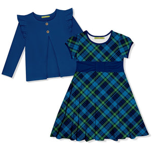 Blue Plaid Cap-Sleeve Dress & Cobalt Ruffle Cardigan - Millieloveslily.com