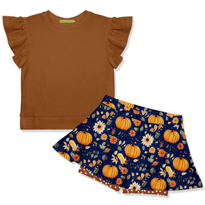 Caramel Cafe Fr Terry Top & Navy Pumpkin Forest Skort - Millieloveslily.com