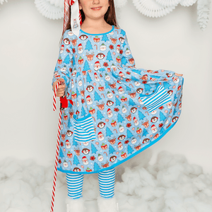 Christmas Stamp Front-Pocket A-Line Dress & Stripe Leggings - Millieloveslily.com