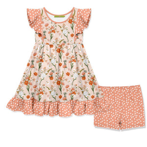 Coral Audrey Floral Angel - Sleeve Dress & Shorts  set on a white background, front- Millieloveslily.com