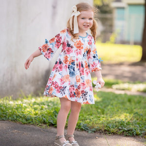 Cream Autumn Florals Bow Bell-Sleeve A-Line Dress - Millieloveslily.com