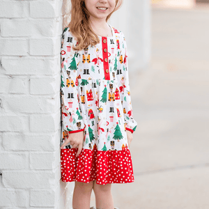 Cream Nutcracker Christmas Square-Neck Button-Front Tiered Dress - Millieloveslily.com