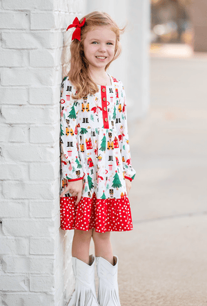 Cream Nutcracker Christmas Square-Neck Button-Front Tiered Dress - Millieloveslily.com