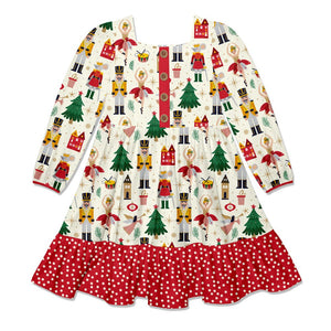 Cream Nutcracker Christmas Square-Neck Button-Front Tiered Dress - Millieloveslily.com