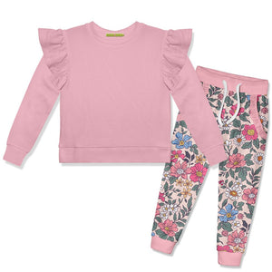 Dusty Pink Angel-Sleeve Top & Velour Vintage Floral Joggers - Millieloveslily.com