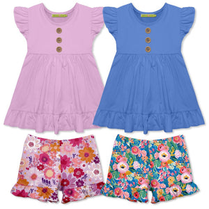  Girls 4-PC Lilac & Marina Blue Tops & Ruffle Shorts Set 