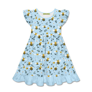 Girls Blue Happy Bee 2-Pocket Dress, on a white background, front