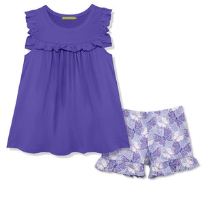  Girls purple Ruffle Top and Butterfly Printed Ruffle Short Set on a white background, front
