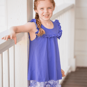 Girls Blue Iris Ruffle Top and Butterfly Printed Ruffle Short Set, lifestyle