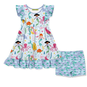  Kids Blue Mermaid Print Dress and Shorts Set on a white background, front - Millieloveslily.com