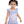 A young girl wearing a blue stripe 1-pc swimsuit with seashells and starfish and blue dot ruffles, lifestyle