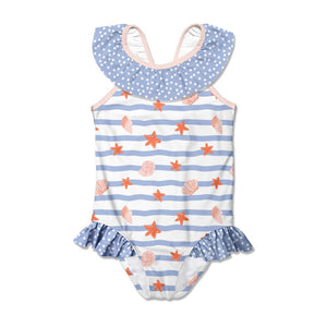 Girls Blue Seastars & Shells 1-pc Swimsuit with blue dot ruffles on a white background, front , UPF 50+ - Millieloveslily.com
