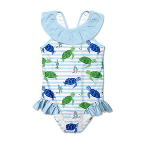  Girls Blue Stripe Turtle 1 - pc Swimsuit  on a white background, front- Millieloveslily.com