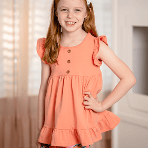 Girls Coral Top & Floral Ruffle Short Set 