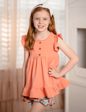 Girls Coral Top & Floral Ruffle Short Set 