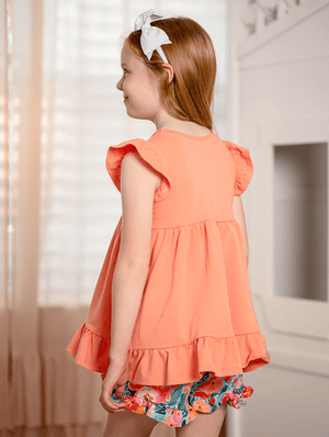 Girls Coral Top & New Beginnings Floral Ruffle Short Set, back 