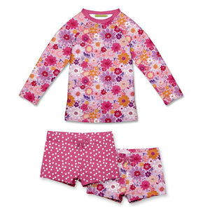  Girls Fucshia Floral Long Sleeve Rashguard Set on a white background, front. UPF 50+, 3 - PCS - Millieloveslily.com
