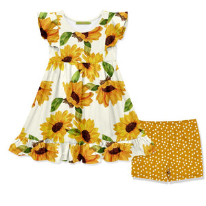  Girls Marigold & Cream Sunflower Angel Sleeve Dress and Matching dot Short Set on a white background, front - Millieloveslily.com