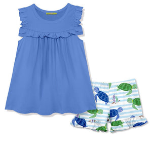  Girls Marina Blue Ruffle Top and Turtle Print Ruffle Short Set, on a white background, front