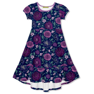Girls Navy and Purple Floral Hi - Low Midi Dress with short sleeves on a white background,front - Millieloveslily.com