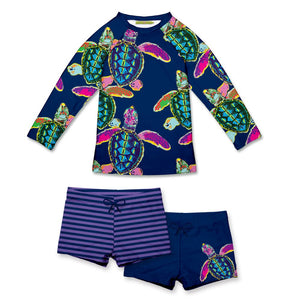  Navy Water Turtle Long Sleeve Rashguard Swimsuit Set UPF 50, 3-PCS on a white background, front Millieloveslily.com