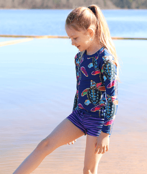 Girls Navy Water Turtle Long Sleeve Rashguard Swimsuit Set UPF 50, lifestyle- Millieloveslily.com