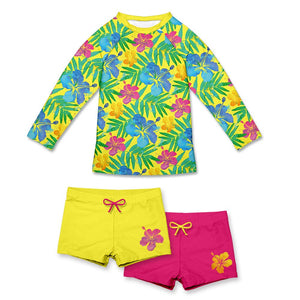 Girls yellow Neon Hawaiian tropical rpint Long Sleeve Rashguard Set with a yellow swimshort and a fucshia swim short on a white background, front UPF 50+,  Millieloveslily.com