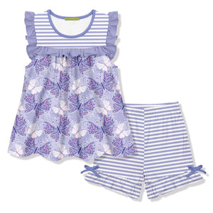 Girls purple butterfly patterned top and matching stripe short set on a white background, front