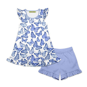  Girls Periwinkle Butterfly Printed Top and Solid Short Set on a white background, front