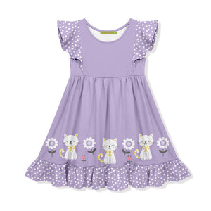 Girls Purple Kitty Print Dress on a white background, front