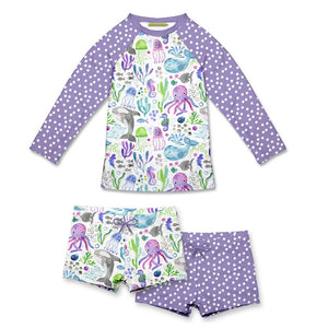  Girls Purple Underwater Sea themed Rashguard Set and on a white background, front- Millieloveslily.com
