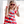 A young girl wearing a patriotic themed stars and stripes top and navy dot shorts holding up peace sign fingers, lifestyle