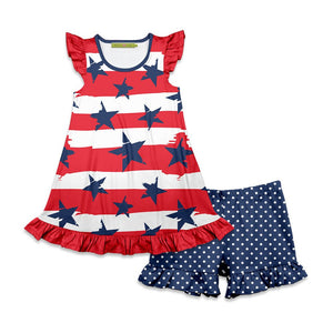 Girls Red,White and Blue Stars & Stripes Patriotic Top and Short Set, on a white background, front