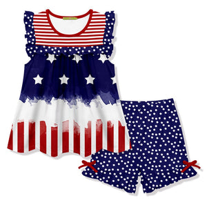  Girls Red, White & Blue American Flag Patriotic Stars & Stripes Top & Short Set - on a white background, front