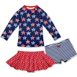 girls 3-PC Red,Wht,Blue Stars & Stripes Rashguard With Skirty Bottom and Shorts on a white background, front - Millieloveslily.com