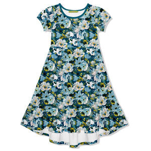 kids Teal Floral Hi - Low Midi Dress with short sleeves on a white background, front