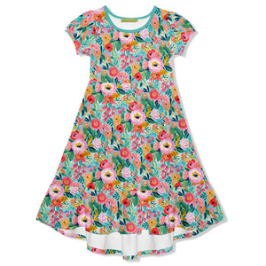 Girls Turquoise and Pink Floral Hi - Low Midi Dress with short sleeves on a white background, front- Millieloveslily.com