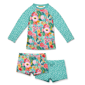 Girls Turquoise   Floral and dot Rashguard 3-PC Set on a white background, front- Millieloveslily.com