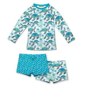 Girls Turquoise Turtle patterned Long Sleeve Rashguard 3-PC Set on a white background, front- Millieloveslily.com