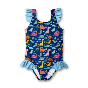 girls 1 piece swimsuit with dinosaur pattern on a navy background, front
