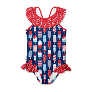 Girls Red, white & blue  Popsicle 1 - pc Swimsuit on a white background, front UPF 50+ - Millieloveslily.com