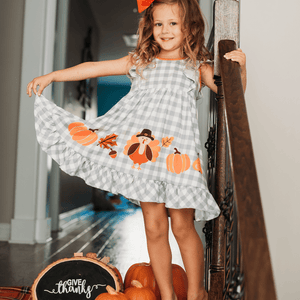Gray Gingham Turkey Angel-Sleeve Dress - Millieloveslily.com